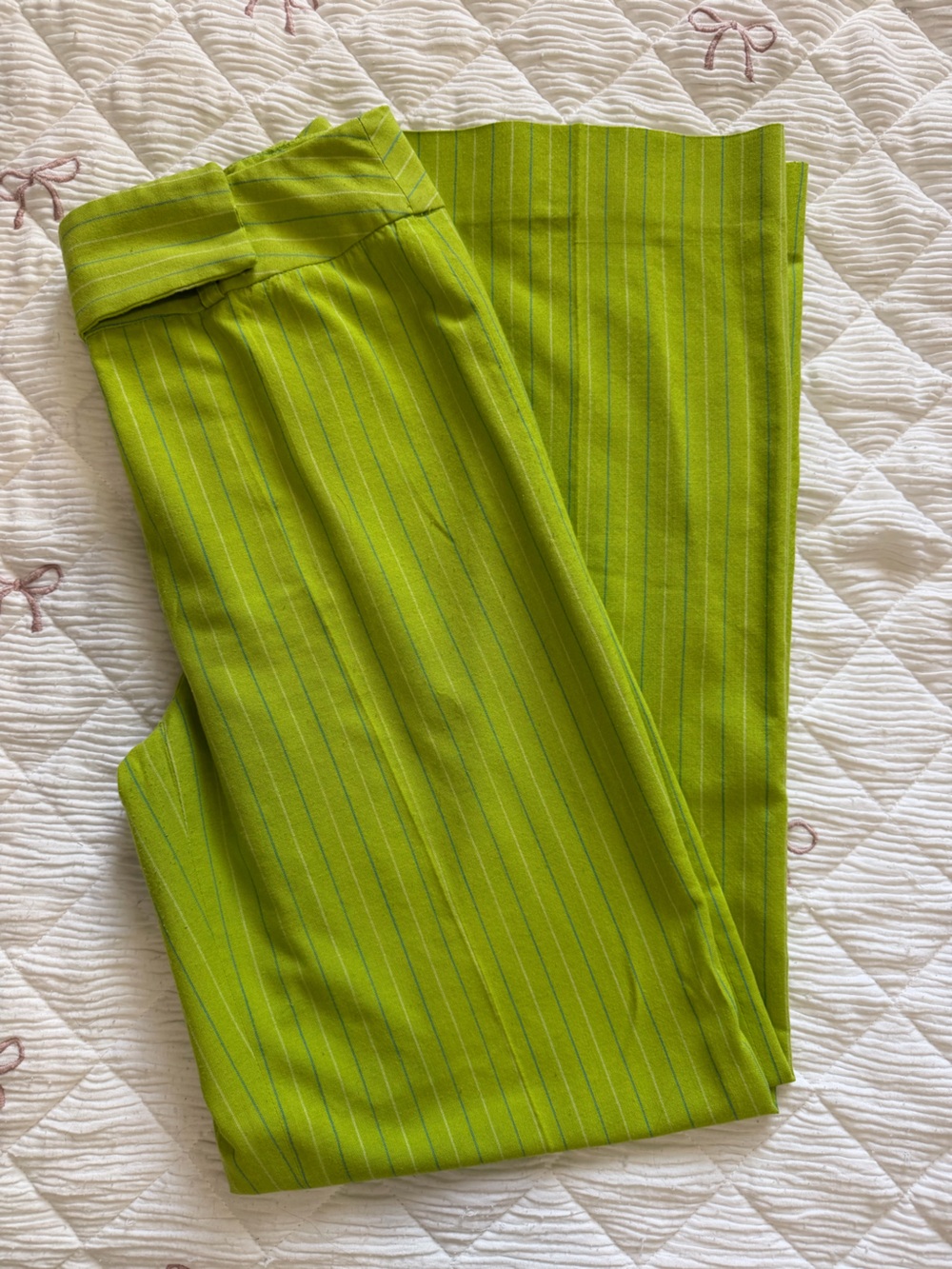 Women Lime Green Pinstripe Wide-Leg Pants